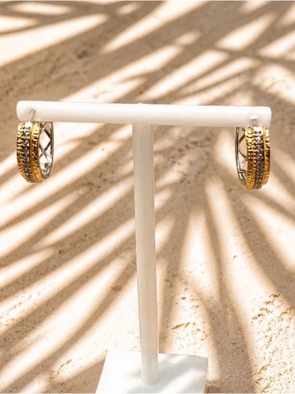 Gold-Tone and Sterling Silver Cubic Zirconia Hoop Earrings - Two-Tone Textured
